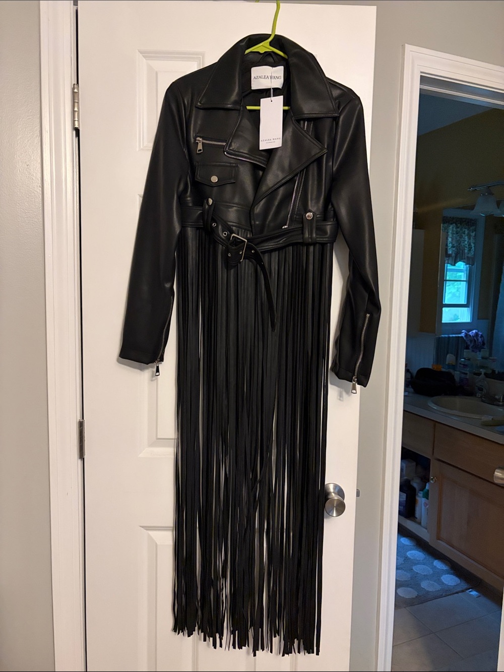 Azalea Wang Black Faux Leather Fringe Belted Moto Jacket